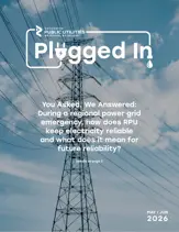 Cover of Rochester Public Utilities’ Plugged In newsletter for May/June 2026 featuring a large electrical transmission tower and power lines against a cloudy sky. Headline reads: ‘You Asked, We Answered: During a regional power grid emergency, how does RPU keep electricity reliable and what does it mean for future reliability?’